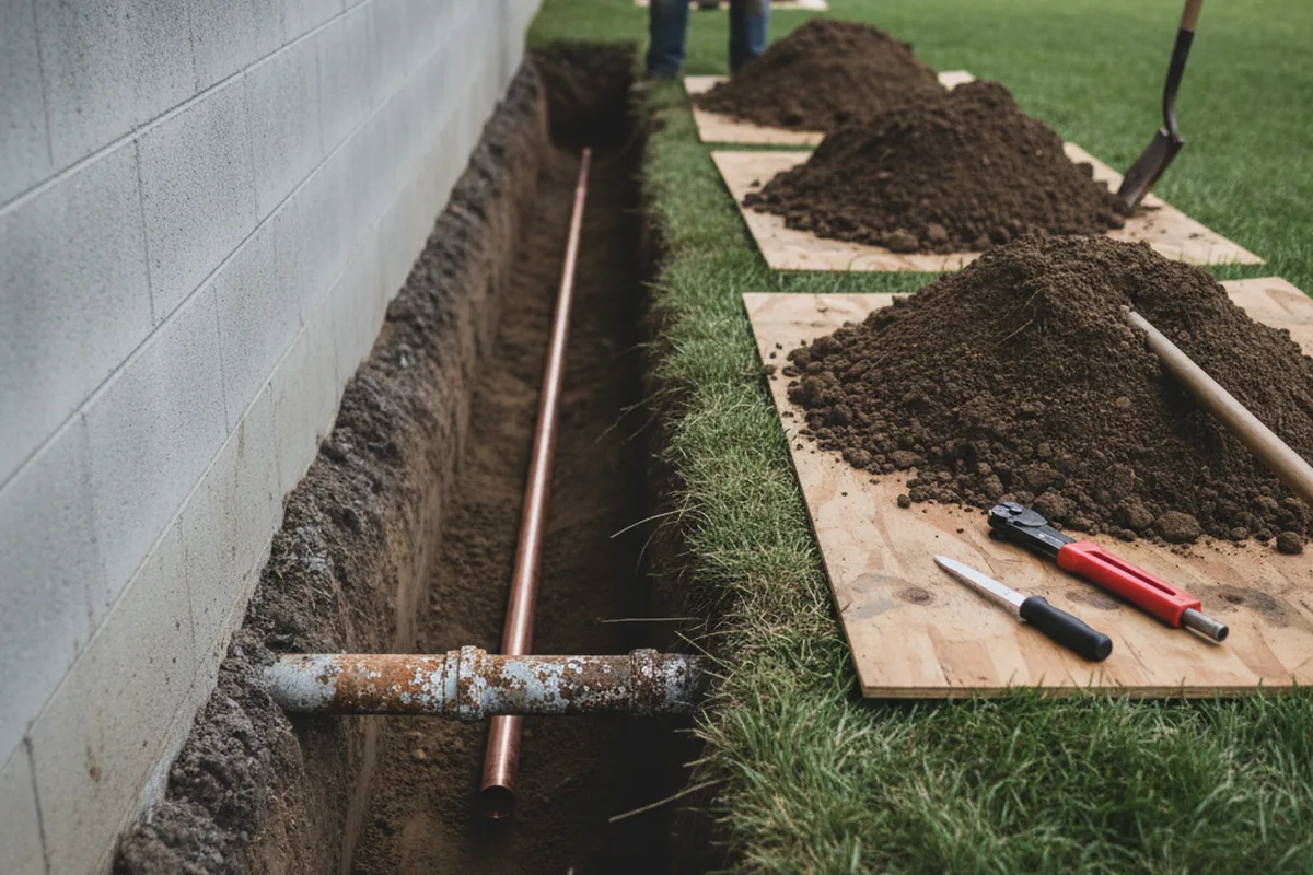 Excavated water line trench during Sewer Line Repair in Big Prairie